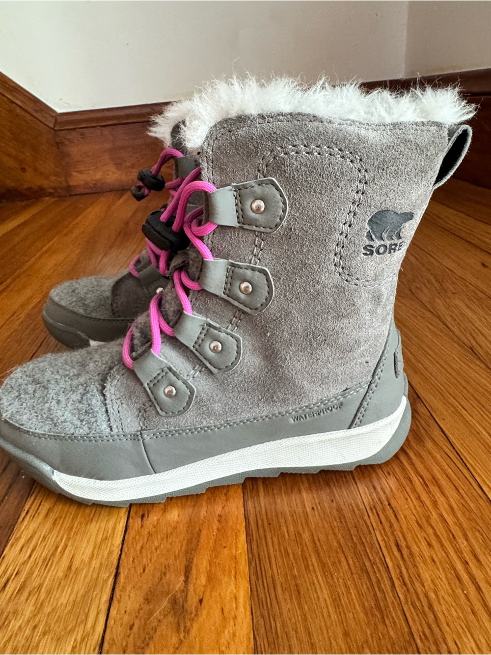 SOREL Whitney II Joan Lace Waterproof Boots Gray Pink Youth 2